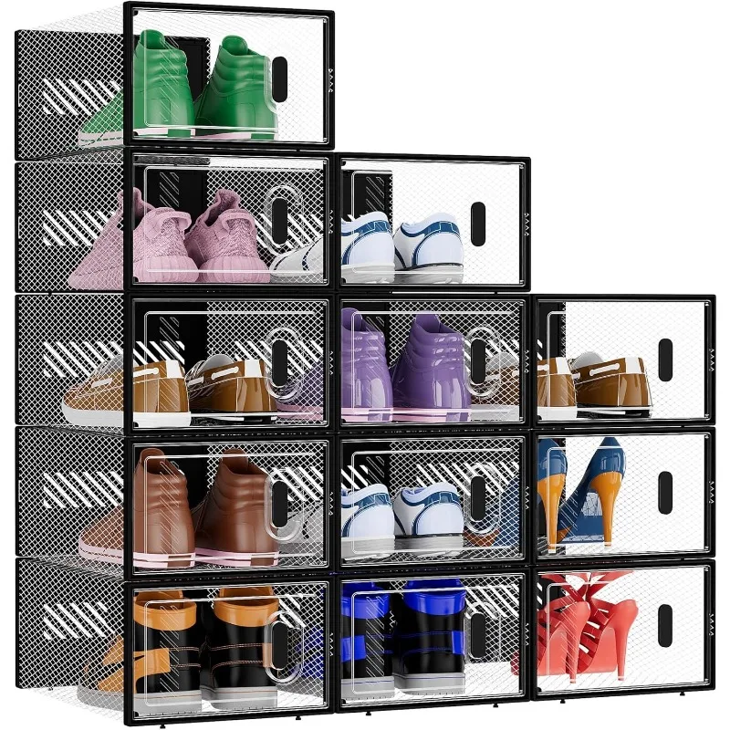 

12 Pack Stackable Shoe Storage Boxes Fit Size 11, Thickened Clear Shoe Box Bins with Lids