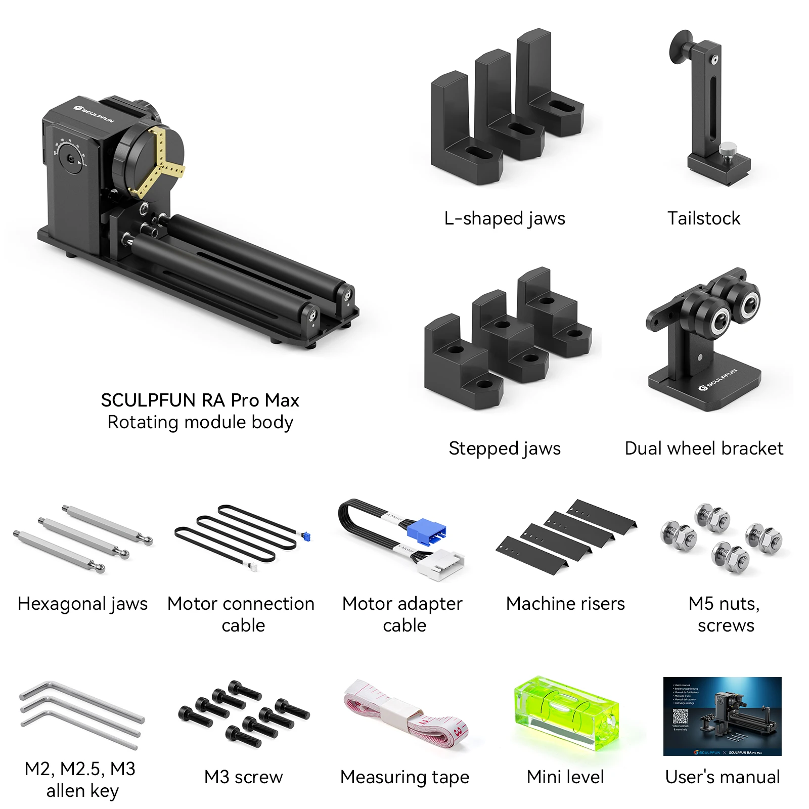 SCULPFUN RA Pro Max 4 in 1 Rotary Chuck for Laser Engraver Y-axis Multi-Function Rotary Roller Engraving Module