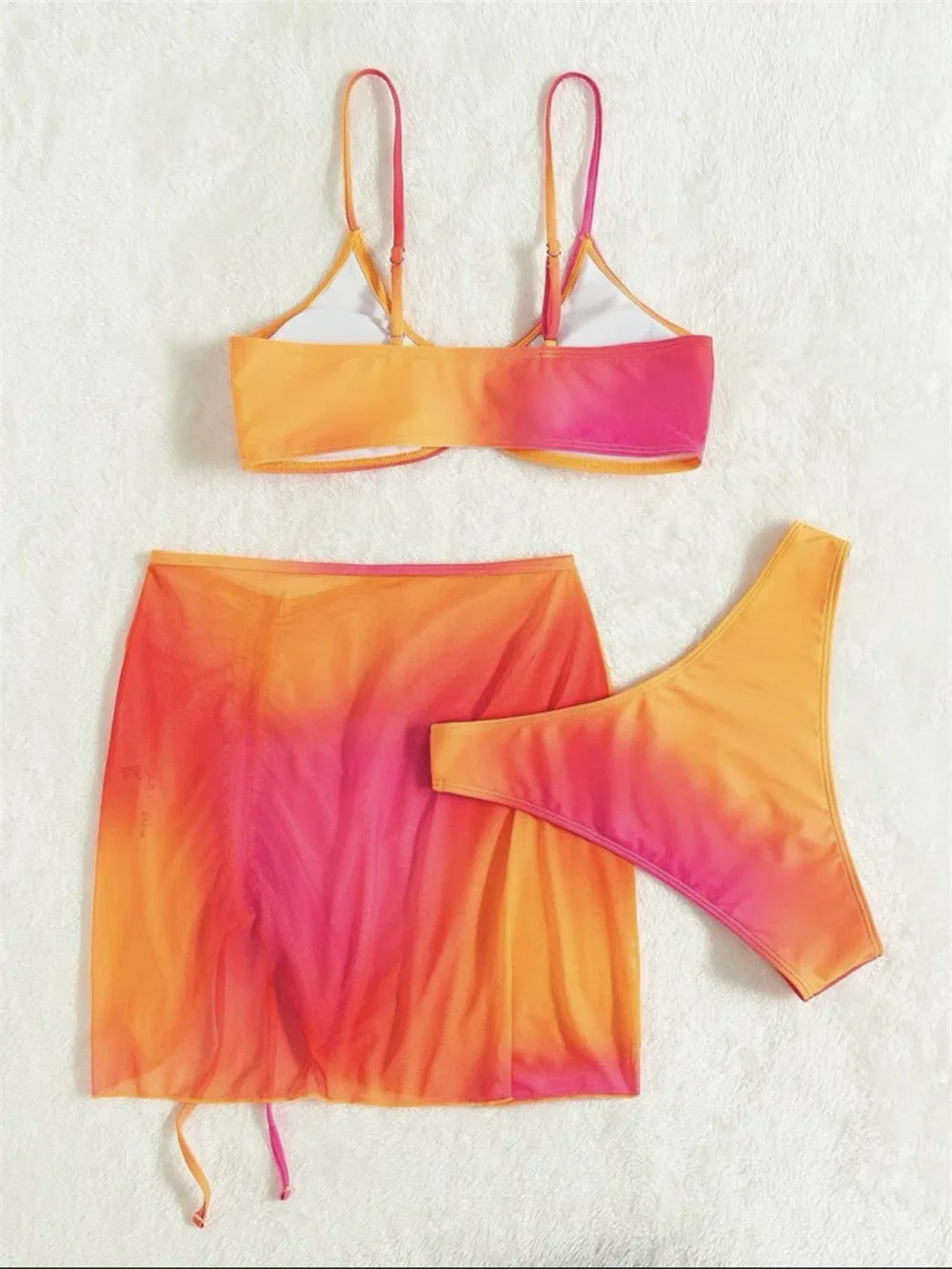 Gradient Tie Dye Bikini Thong Skirt Cover-Up Swimsuit Y2K Vacation Swimwear 3-piece Women Sexy Sling Beach Outfits Bathing Suits