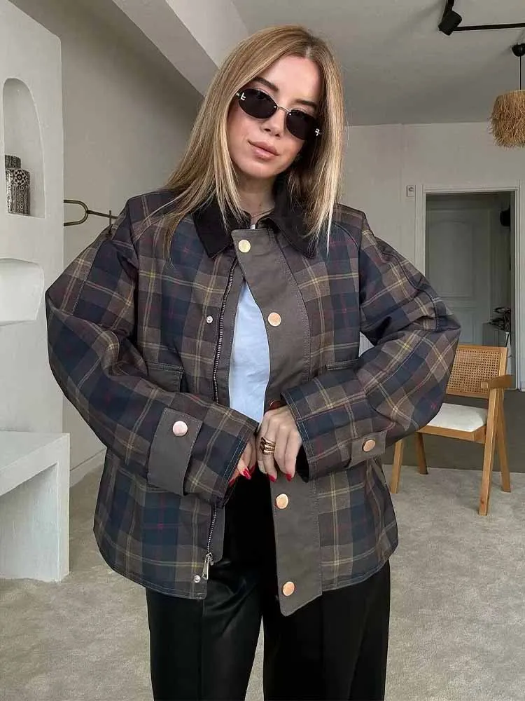 

European and American style women's winter new fashionable retro versatile lapel long sleeve button plaid jacket coat