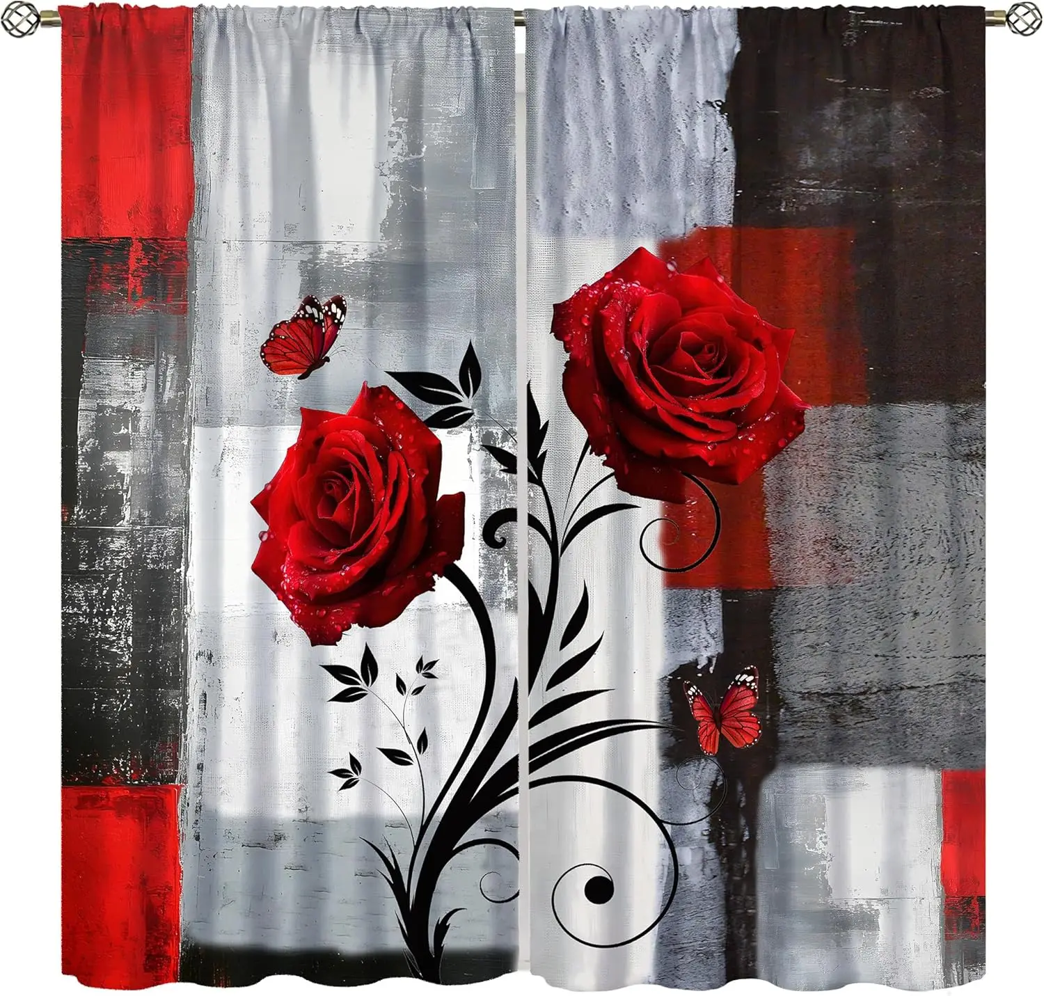 Decorative Curtains Red Roses Butterfly Floral Drapes for Living Room Bedroom Black and White Abstract Polyester Window Cover