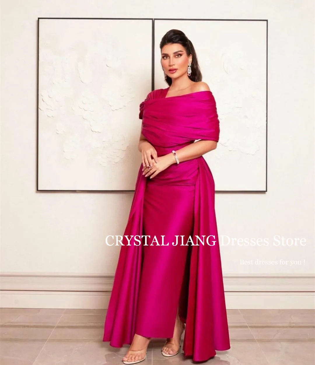 

Long Fuchsia Taffeta Off the Shoulder Evening Dresses Robe Femme Soirée Sheath Pleated Ankle Length formal Dresses