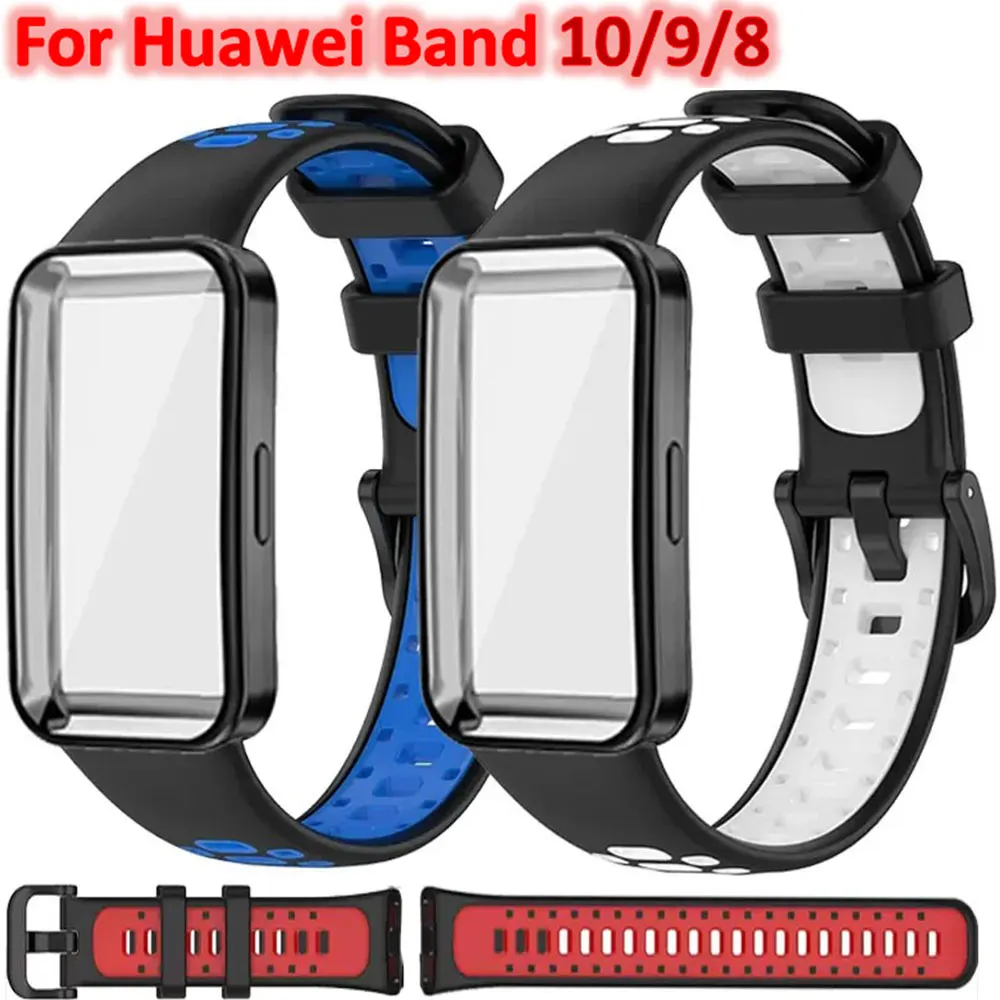 For Huawei Band 10 9 8 Two-tone Silicone Strap+Protector Case Shell Sport Wristband Bracelet For Huawei Band 10 9 8 Accessories
