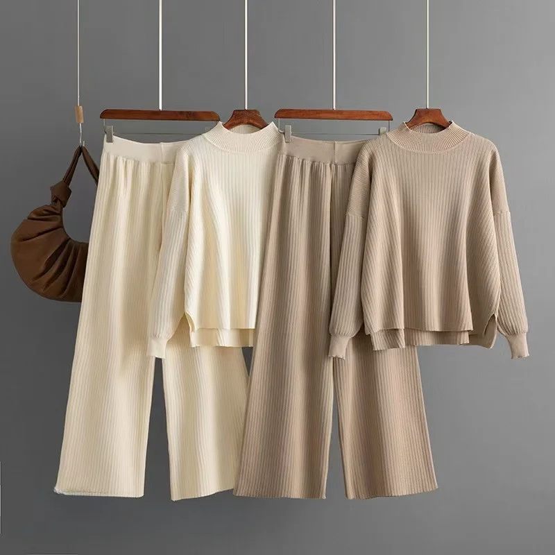 

Loose Knitted Sweater And Pants Set Women's Autumn Fashion Commute Style Warm Long Sleeve Half High Collar Two-Piece Suit