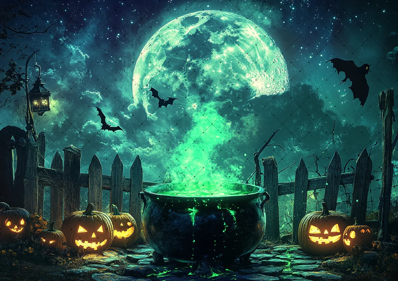 Halloween Witch Cauldron Backdrop Mist Lantern Full Moon Flying Bat Wooden Fence Skull Starry Night Spooky Photo Background