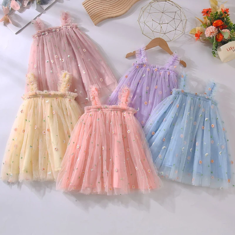 

Summer Children Dresses For Girl Suspender Embroidery 5 Colors Girls Dress Flower Cute Princess Dress For Girls Mesh Vestido