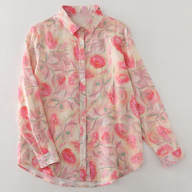 Women Cotton Linen Floral French Artistic Print Shirt Top For Autumn Casual Button Long Sleeve Pink Blouse Korean Style Clothes