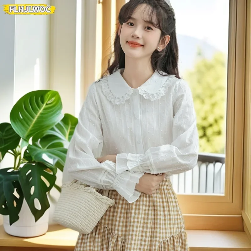 

FLHJLWOC Design Vintage Cotton Peter Pan Collar Top Women Preppy Style Japan Girls Office Lady Solid White Basic Button Shirts