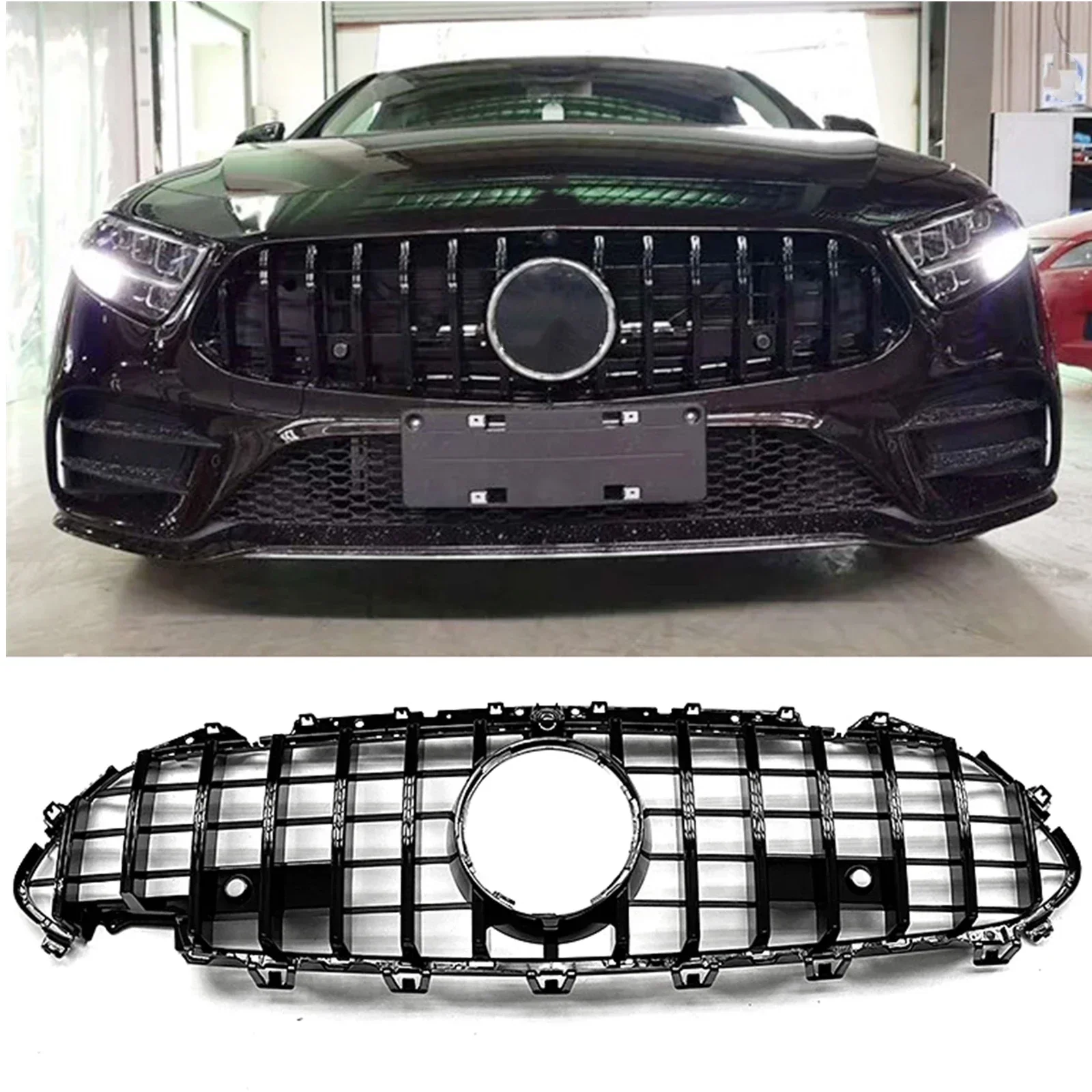 Front Grille For Mercedes Benz W257 C257 CLS Class 2019-2022 GT R Black/Silver Upper Bumper Hood Mesh Grill CLS300 CLS450 C