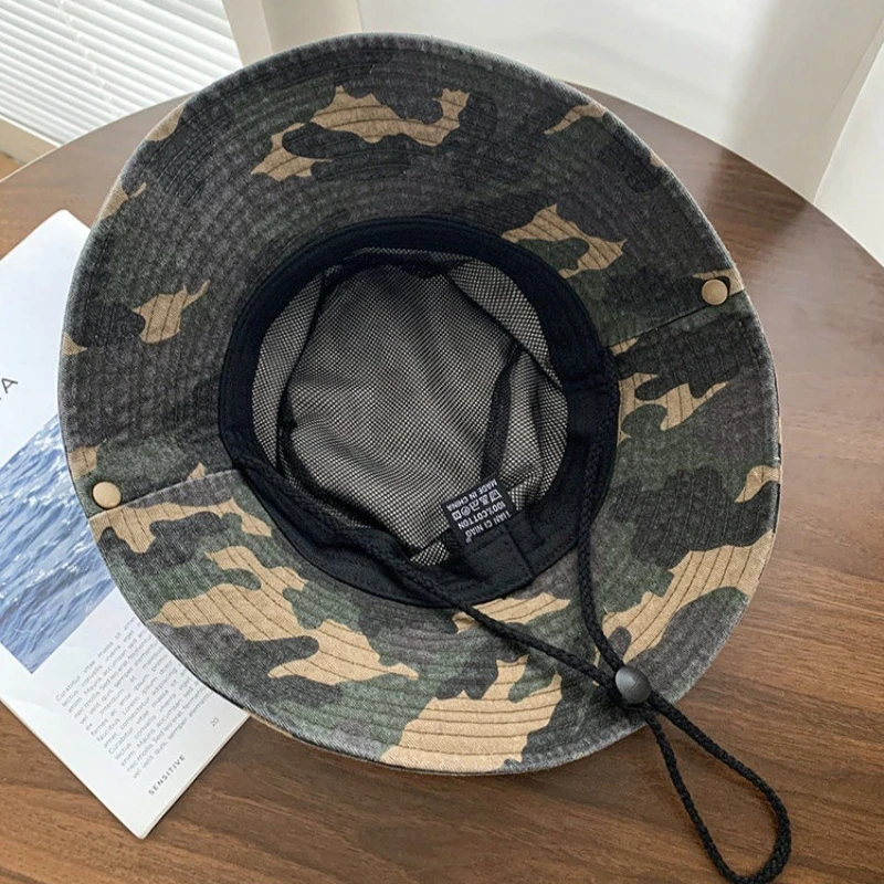 Neuer amerikanischer Camouflage-Fischerhut mit großer Krempe für Herren und Damen – ideal für Frühling und Sommer, Outdoor, Wandern, Camping, Sonnenschutz – Detail 6
