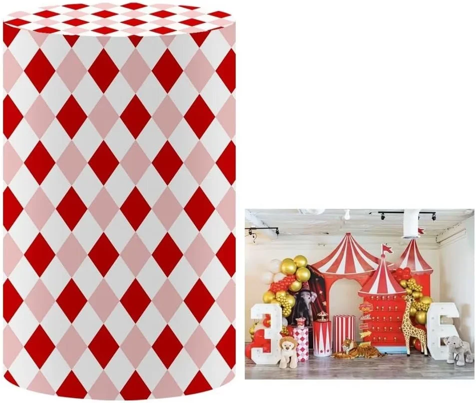 Mehofond Custom Cylinder Cover Backdrop Circus Carnival Stripes Kids Birthday Plinths Dessert Pedestal Background Decor Elastic