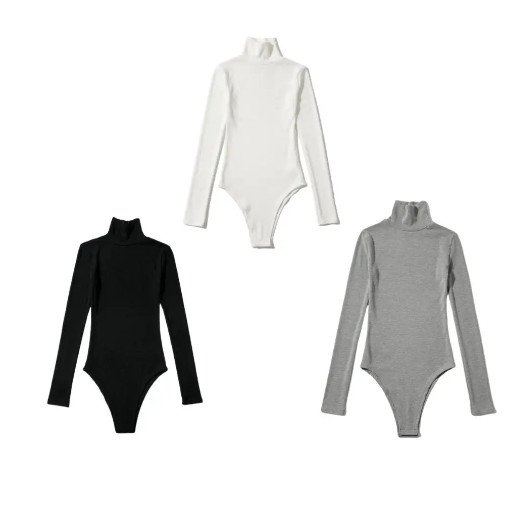 

Fashion High Collar Long Sleeve Jumpsuit Simple Slim Fit Bottoming Shirt Female Clothes All-match Romper Shorts Female