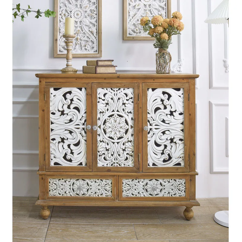 Home Rustic White Flower Carved 3 Doors And 2 Drawers Dinning Room Wood Sideboard Accent Storage Cabinets