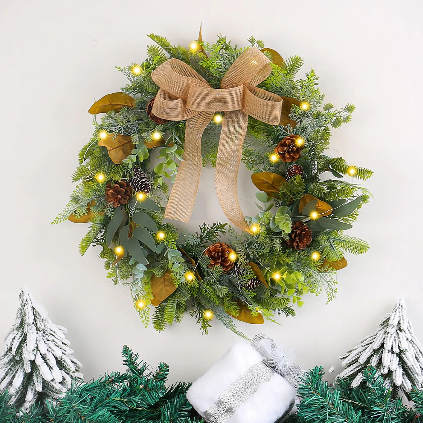 Christmas Bow Luminous Wreath Door Hangings Cross-Border Christmas Rattan Circle Window Mall Decorations With Light Wreath