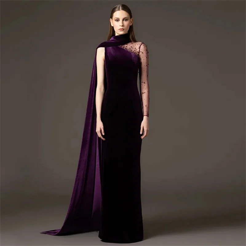 

Customized Lady Velvet Evening Dress Fashion Long Sleeves Beading Crystal Sweep Train Velour Party Gown Arabian Prom Dresses