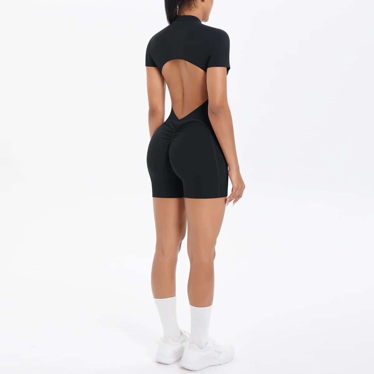 Ausgehöhlter, rückenfreier, kurzärmliger Reißverschluss-Overall für Damen, Overall, Yoga-Anzug, einteilige Legging, kurze Push-Up-Gymnastik-Yoga-Kleidung – Detail 35