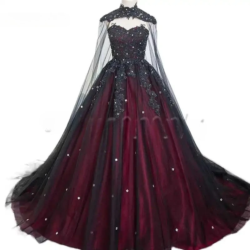 

Gothic Wedding Dress Black And Burgundy A Line Bridal Gown With Long Wrap Lace Appliques Beaded vintage Vestido Customized