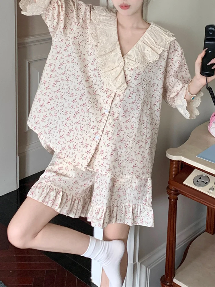 New Sweet Princess Print Soft Floral Short Sleeve Summer Pajama Set Women Girlish Style Doll collar Sleep Tops Loose Elegant Ins