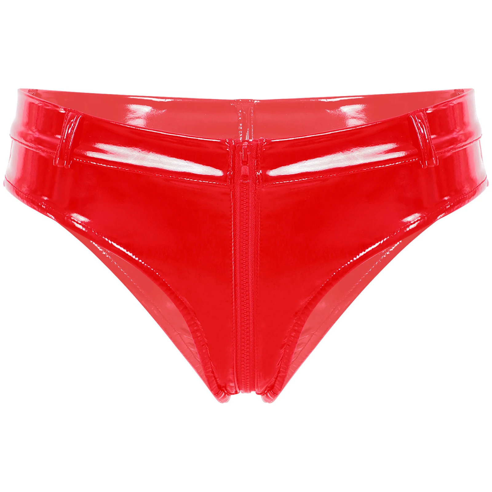 Women Wetlook Bikini Briefs Zipper Crotch Booty Hot Pants Patent Leather Latex Underwear Panties Low Waist Sexy Thongs Clubwear