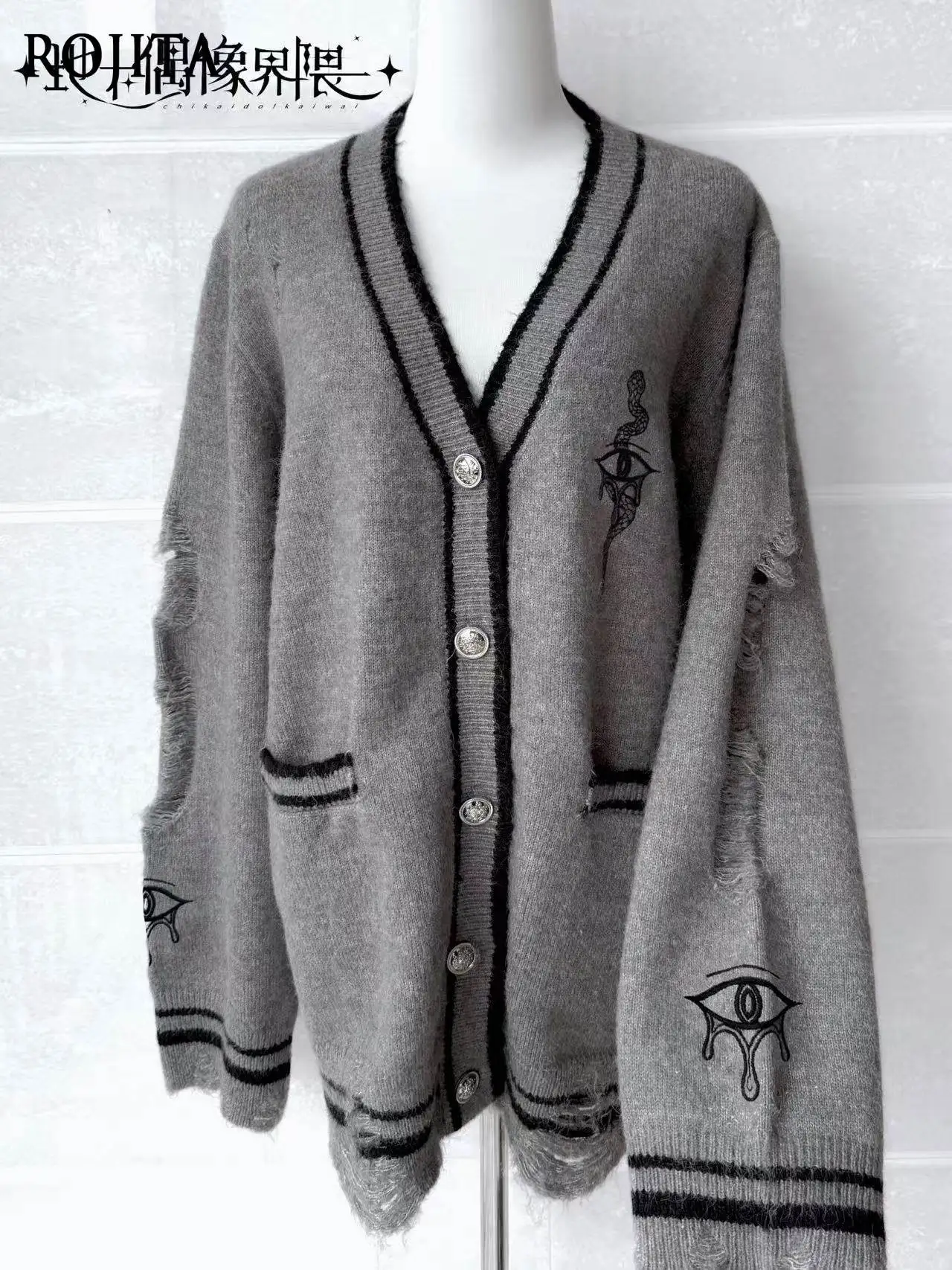 

Потертый вышитый полый свитер, кардиган, японский субкультура, однобортный кардиган большого размера с v-образным вырезом и длинными рукавами