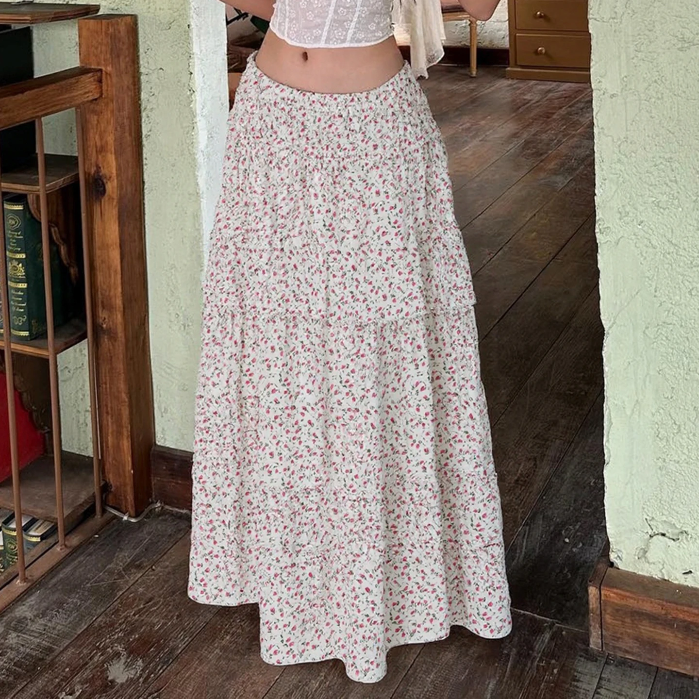 

IAMSURE-Sweet Floral Printed Elastic Waist Ruffled Edge Patch Skirts Women Summer Holiday Loose All Match Long Skirt Fashion New