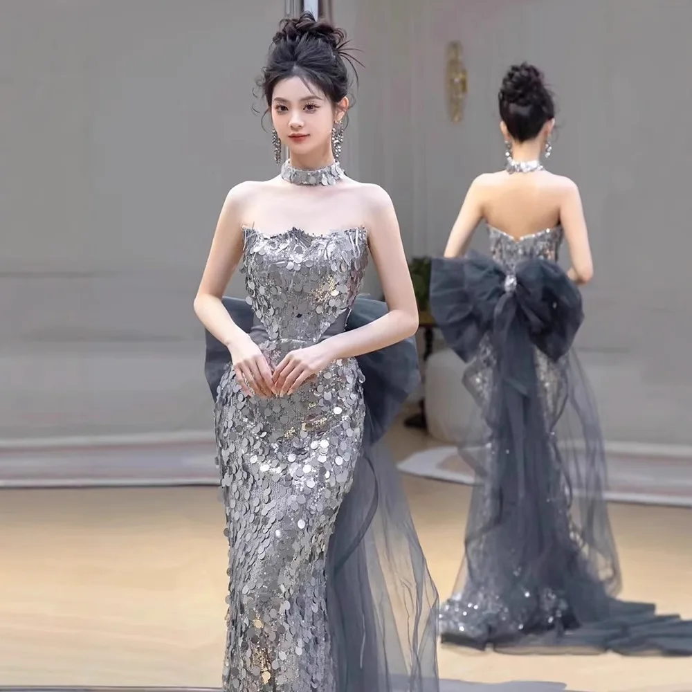 

High-end sequined birthday bar mitzvah dress tube top slim fit host shiny fishtail skirt Luxury Detachable Bow Evening Gowns