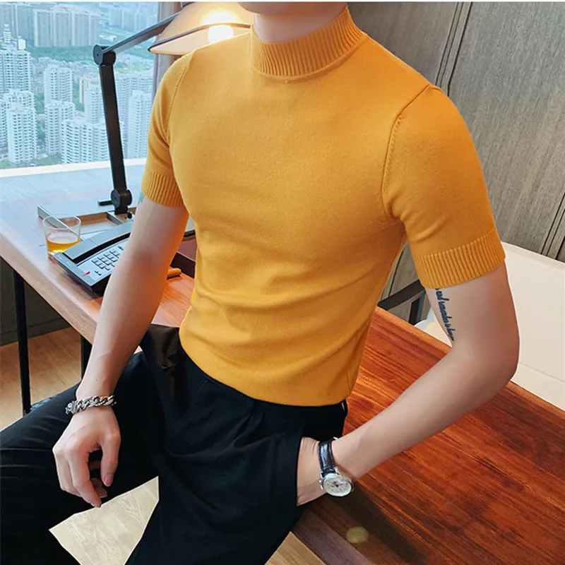 11 Color Autumn High Quality Short Sleeve Knitted T Shirts Men Slim Solid Pullovers Casual Stretched Tee Shirt Streetwear Homme