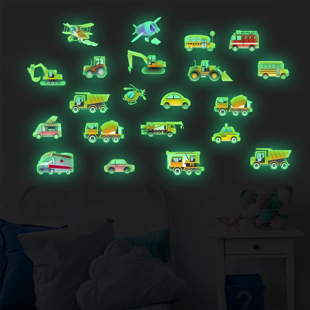 Luminous Car Wall Sticker 21Pcs Set Day Night Dual Color Glow in Dark Truck Airplane Decals for Boys Bedroom Home Decoration
