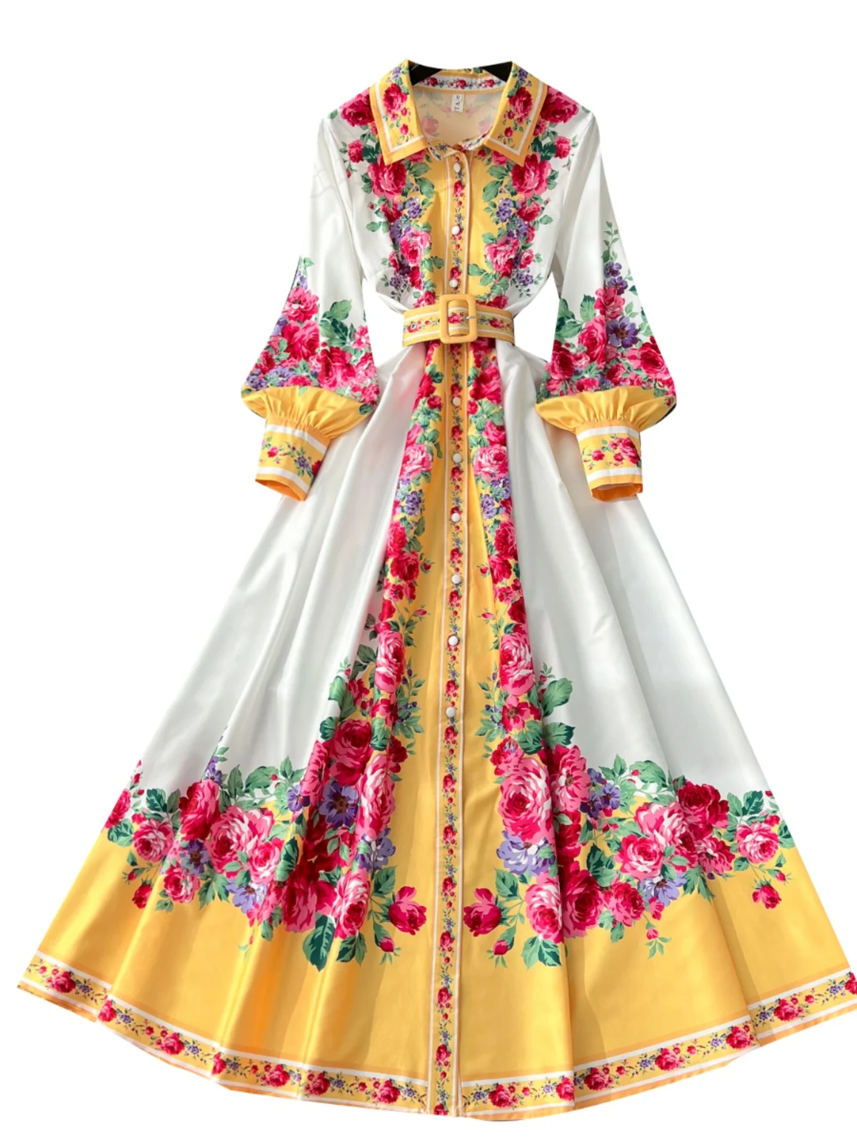 2025 New Retro Printed Long Dr with Lantern Sves And Waist Cinching Single Button High Waist A-Line Korean Sle Commute