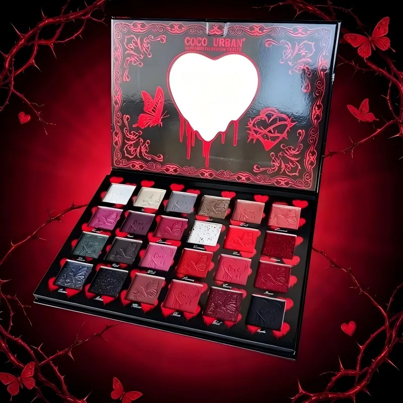 24-Color Red Black Smoky Eyeshadow – Matte Shimmer Metallic, Goth Glam Maximalist Makeup, Smudged Vampire Look, Daily to Party