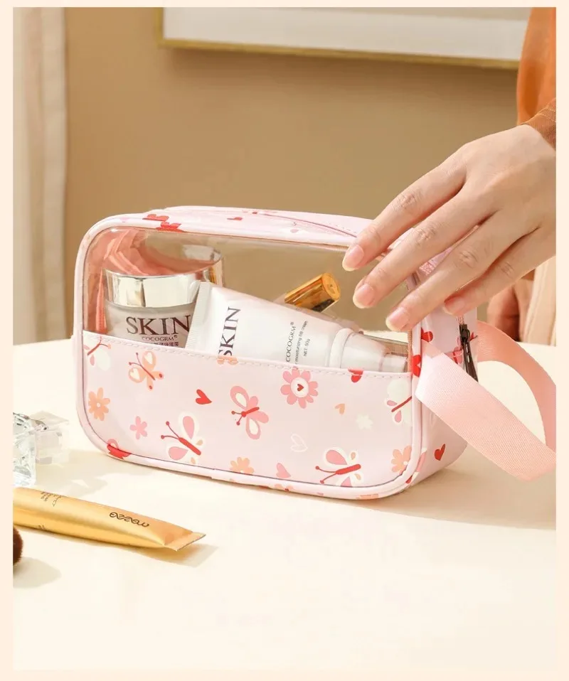 Splicing handbag transparent printed cosmetic bag large capacity sweet macaron toiletry bag portable travel storage bag