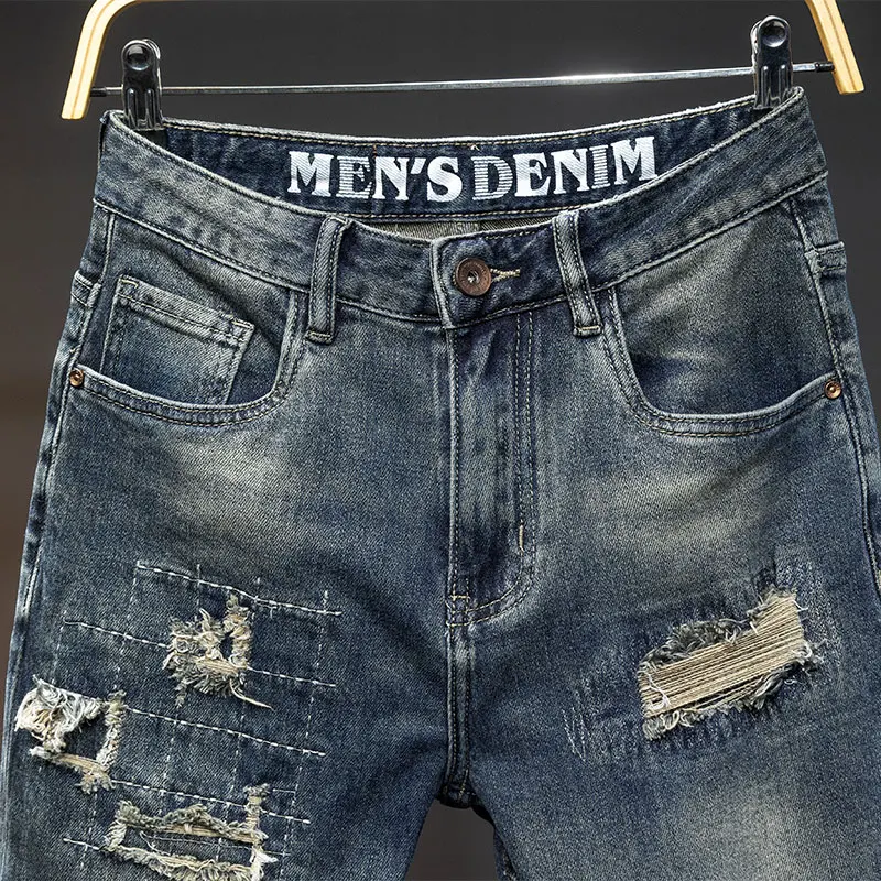 Calça jeans apertada rasgada e justa masculina, calças de motocicleta personalidade, Youth Street Trend, novo, 2024