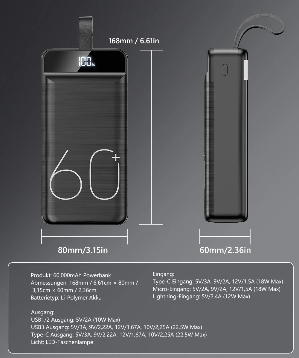 Hganus 60000mAh Powerbank 22,5W Schnellladung mit Taschenlampe Tragbare Powerbank Externer Akku für iPad iPhone Samsung Xiaomi – Detail 5