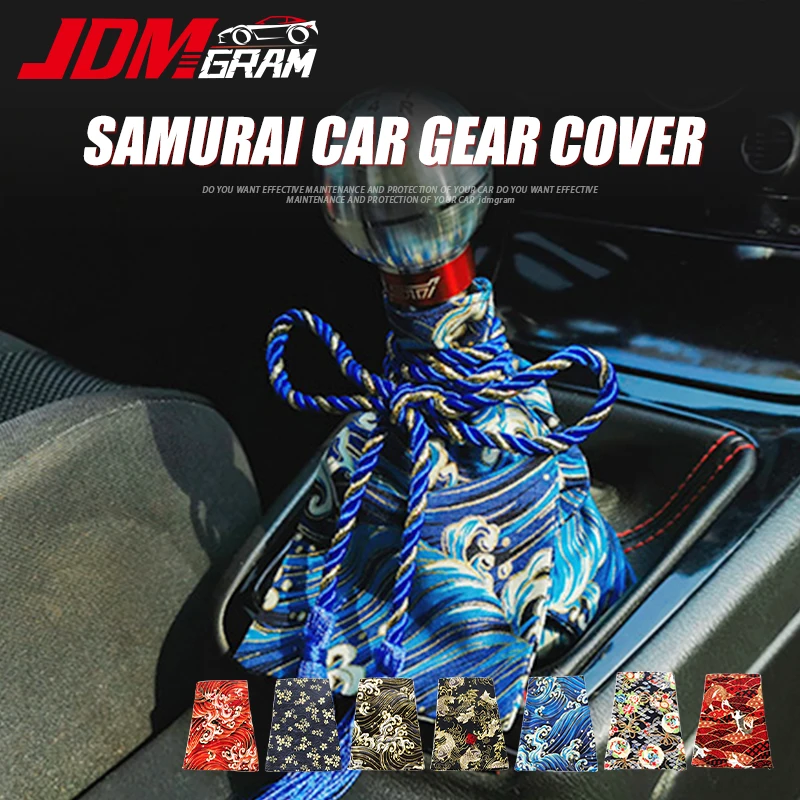 

Japanese Style Car Gear Shift Cover Universal JDM Samurai Sakura Pattern Canvas Cloth Katana Cosplay Auto Decoration Accessories