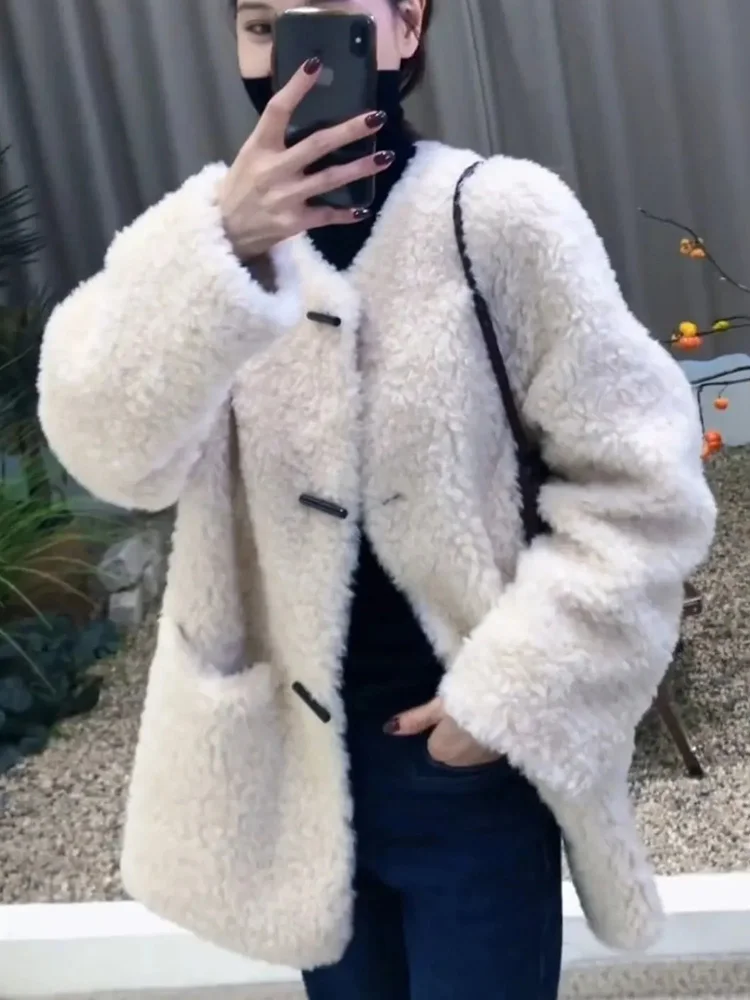 O Neck Cute Faux Lamb Coat Women Sweet Fashion Preppy Style Winter Jacket Korean Chic Long Sleeve Pockets Solid Kawaii Outwear