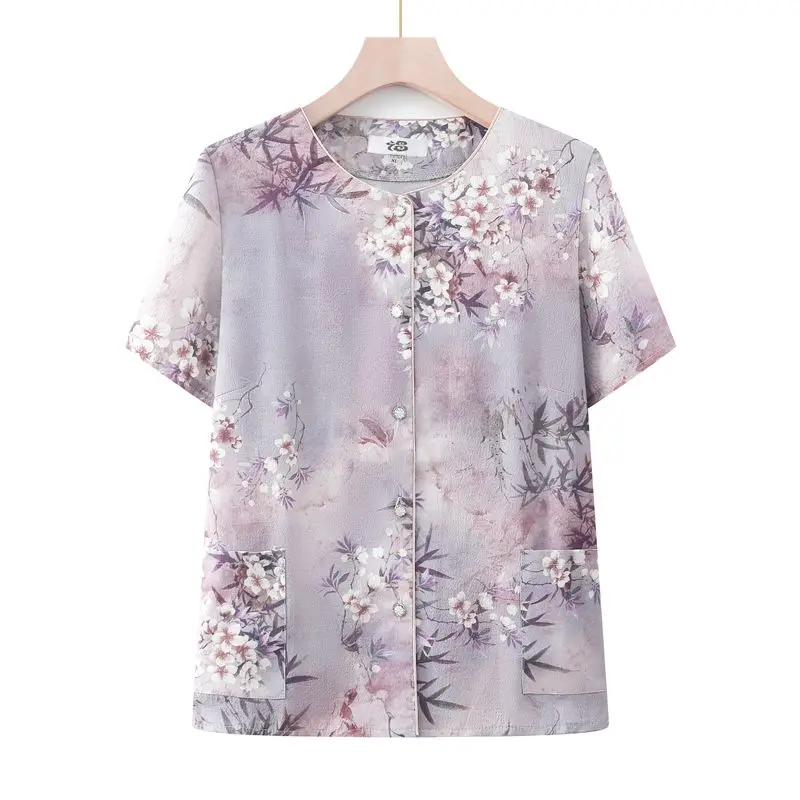 Women's Floral Print Short Sleeve Blouse Casual Elderly Grandma Summer Top