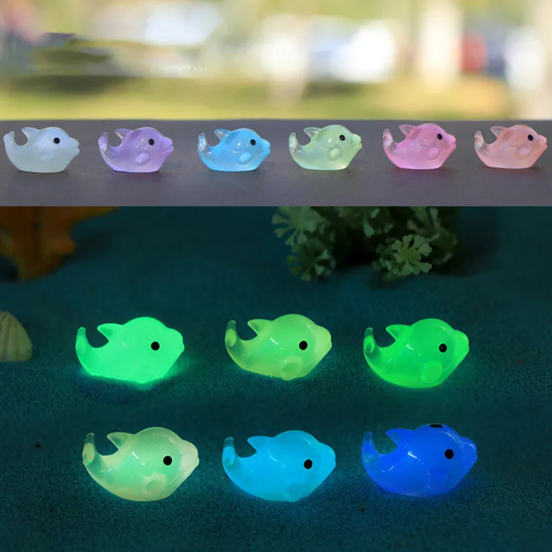 7pcs Figurine Miniature Cute Luminous Colorful Dolphins Kawaii Animal Micro Landscape Resin Ornaments For Home Decorations