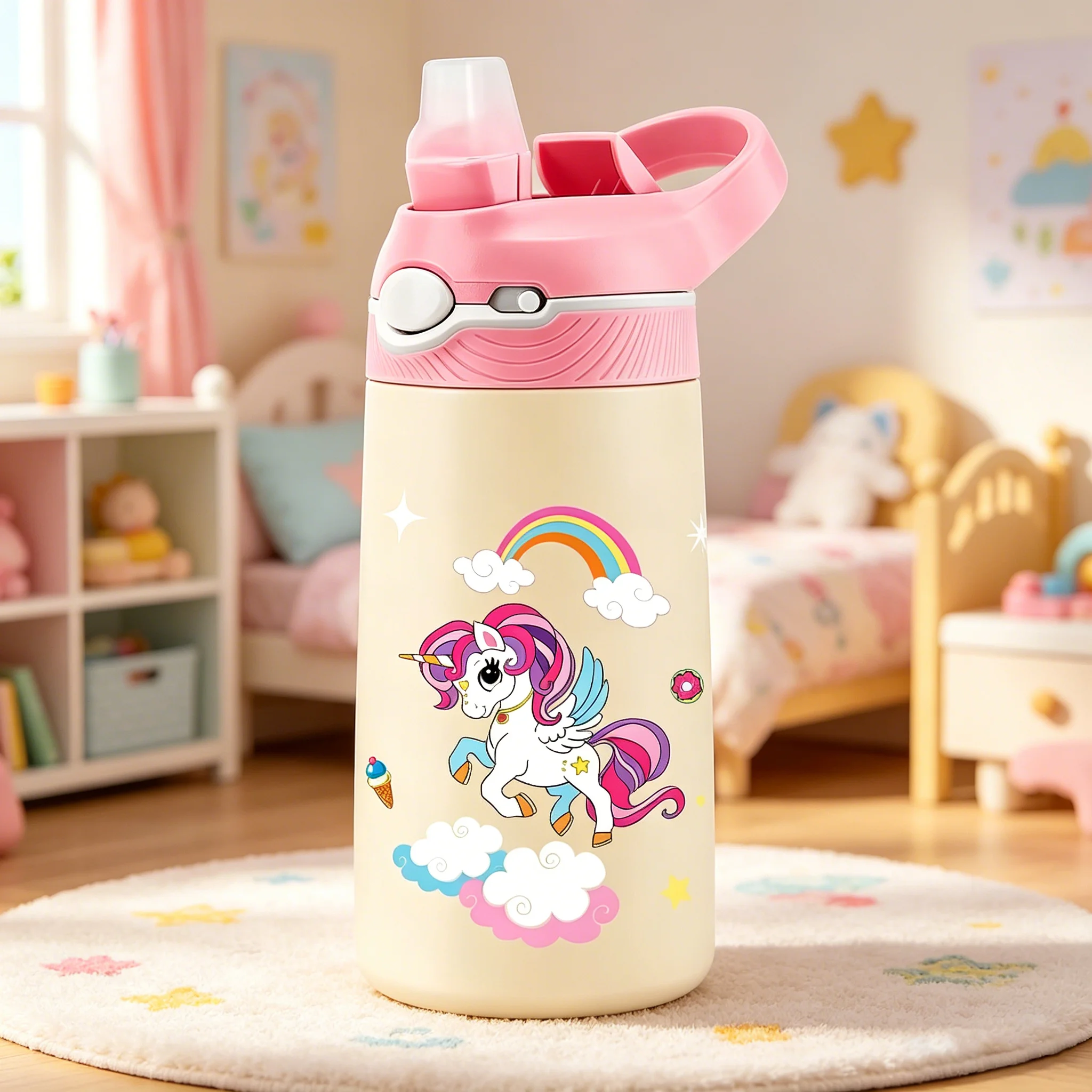 Bouteille d'eau isotherme pour enfants Licorne 400 ml, sans BPA, en acier inoxydable 316, anti-fuite, avec paille