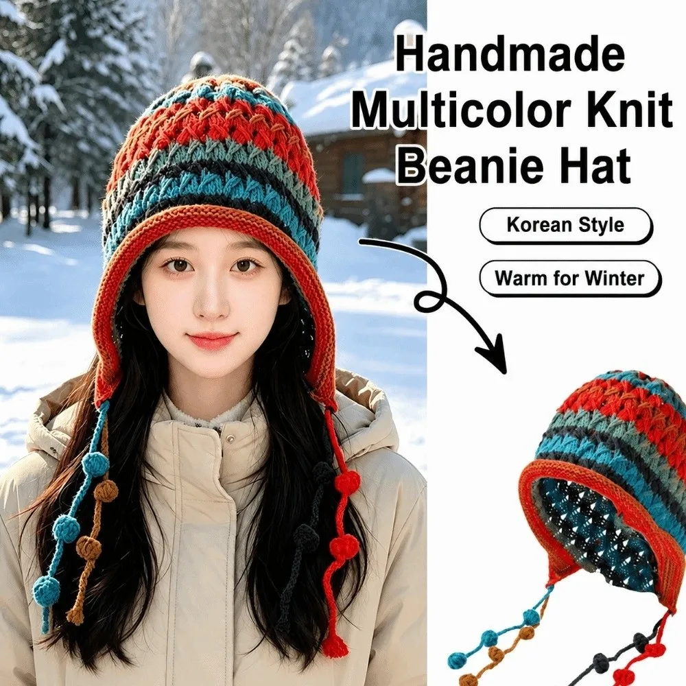 Fashion Rainbow Striped Knitted Woolen Hat Tassel Windproof Ear Protection Cap Keep Warm Ethnic Style Beanie Hat Outdoor