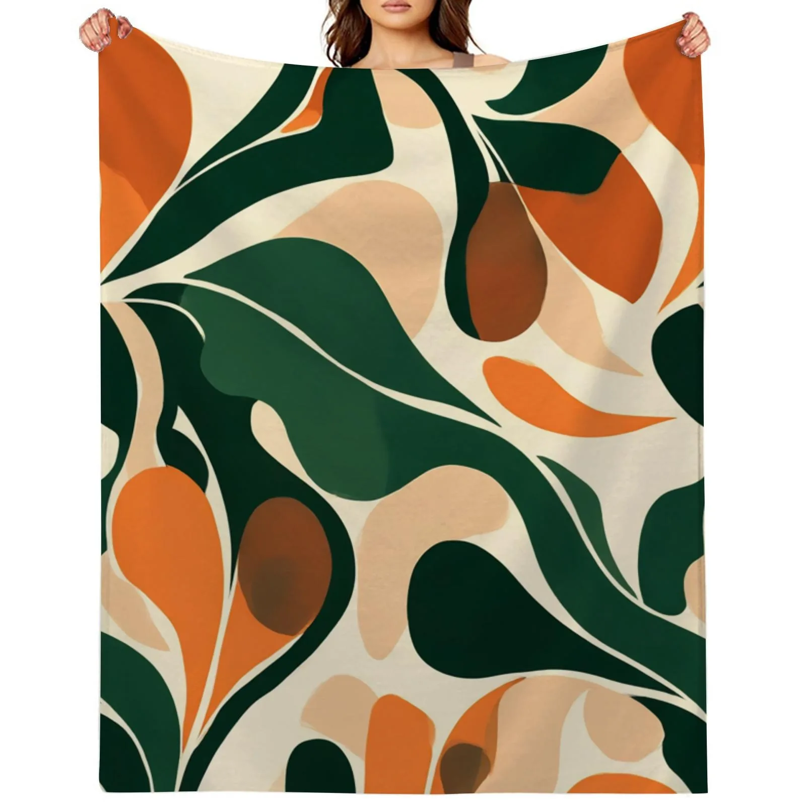 Earth-Tone Abstract Leaf Throw Blanket: Olive & Terracotta Organic Pattern Mid-Century Modern Cozy Home Decor