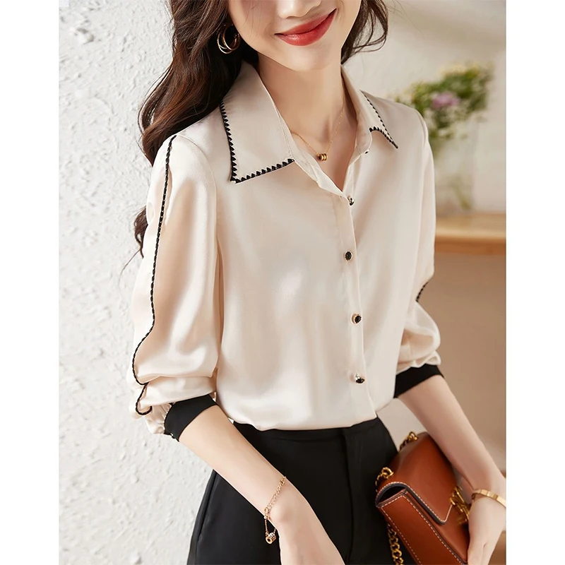 Spring Autumn Korean Fashion Polo-neck Elegant Patchwork Shirt Female Long Sleeve Cardigan All-match Top Women Buttons Blouse