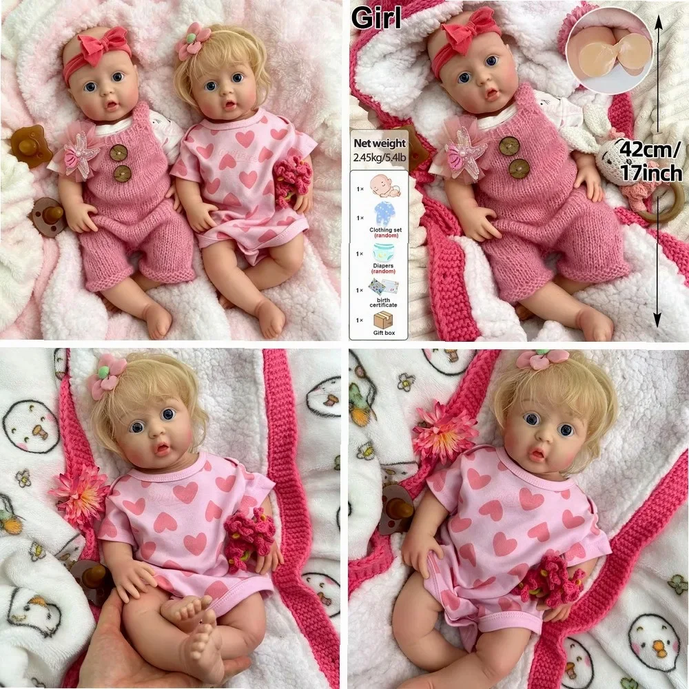 17 Inch Silicone Reborn Baby Girl Doll with Handmade Hair, Realistic Educational Adoption Doll