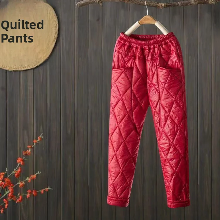 

Winter New Lightweight Warm Diamond Pattern Fashion Casual Harlan down Cotton Pants Women Straight Leg High Waist Seven/Nine ...