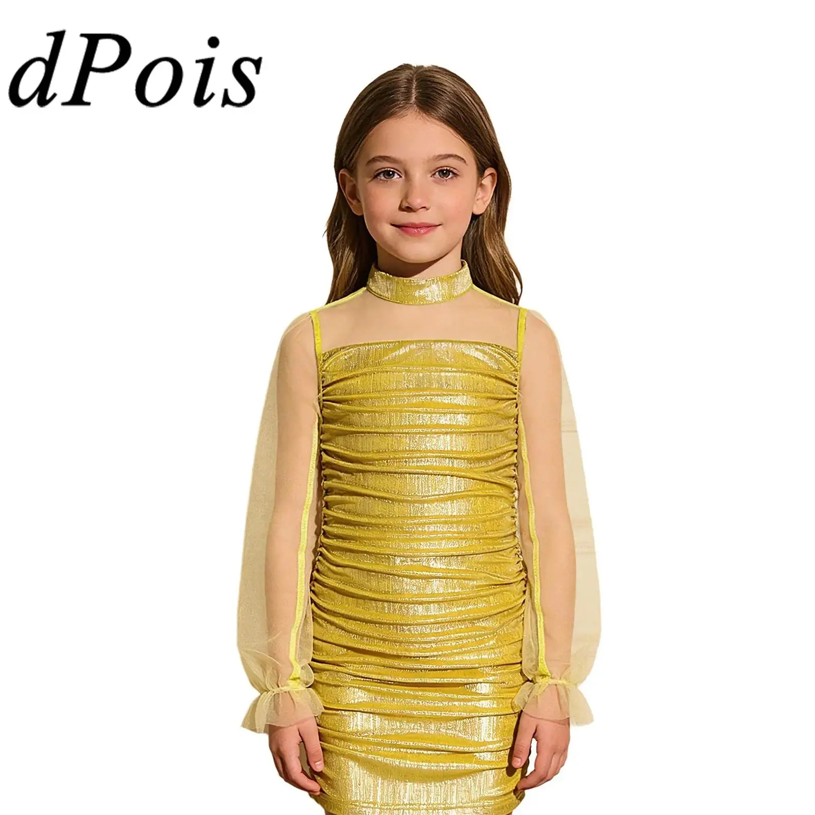 

Костюм принцессы для девочек, платье металлик с рюшами, прозрачное сетчатое лоскутное платье с длинными рукавами, бальное платье для танцев, выпускного вечера, платья для танцевальной вечеринки