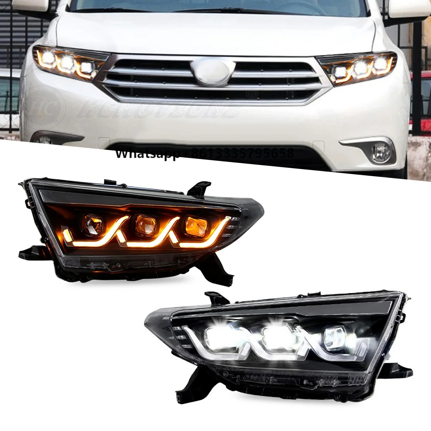 

HCMOTIONZ Factory Full LED Car Front Lamps with Red Demon Eyes 2011-2013 Start up Animation Head Lights for Highlander