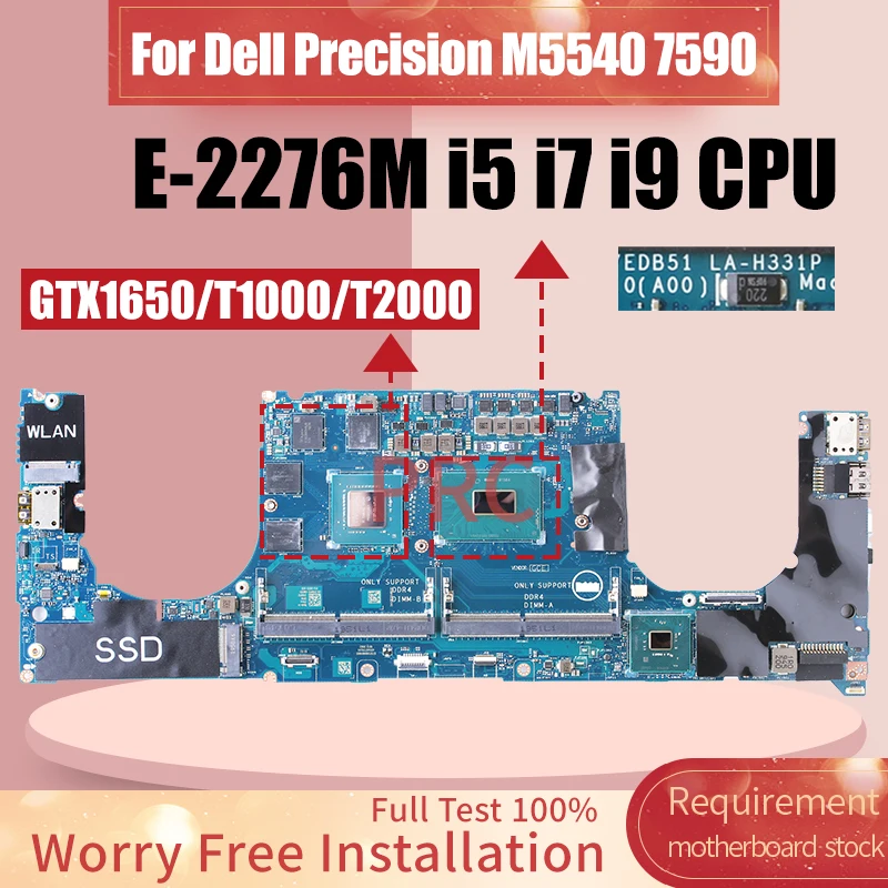 For DELL Precision M5540 7590 Laptop Motherboard LA-H331P E-2276M i5 i7 i9 With GTX1650/T1000/T2000 Notebook Mainboard Tested