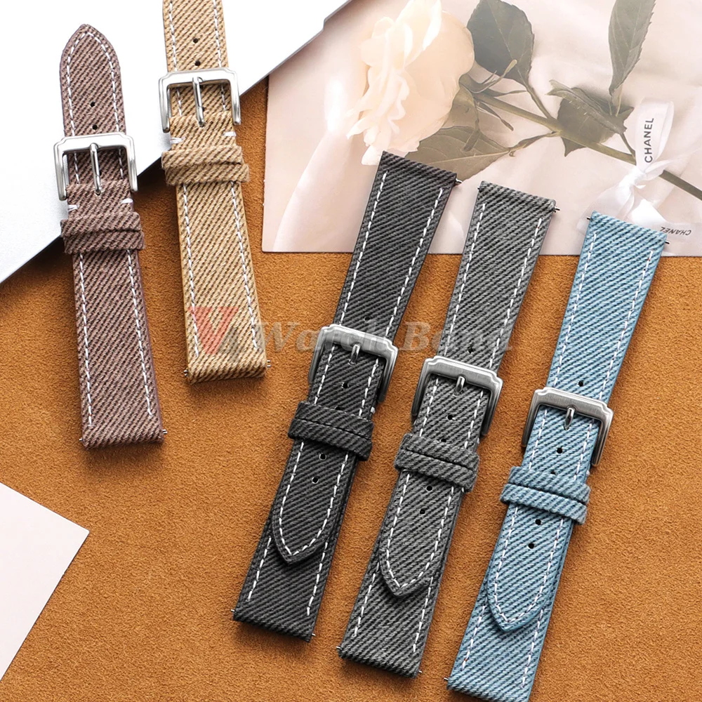 Vintage Denim Pattern Watch Band 18mm 19mm 20mm 21mm 22mm Quick Release Cowhide Strap Universal Canvas Sport Men Wrist Bracelet