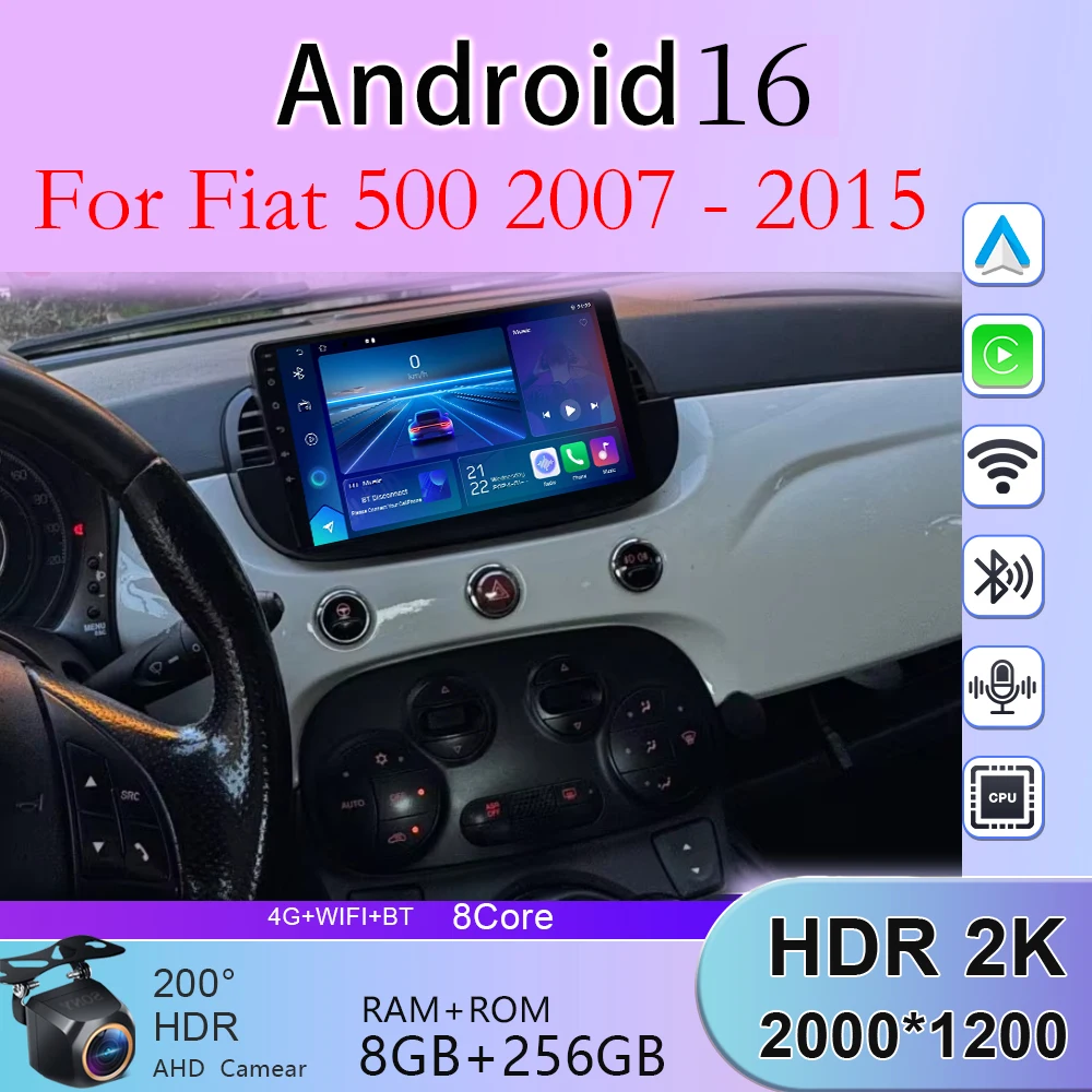 Carplay Auto 2K para Fiat 500 2007 2008 2009 2010-2015, Radio de Auto Android 16, GPS, Navegación, Reproductor Multimedia, Estéreo, WiFi+4G, DSP