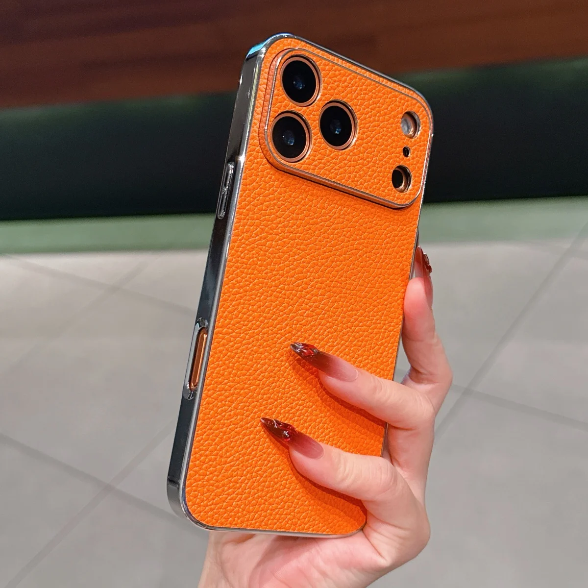 Business Orange Litschi-Leder-Handyhülle mit großem Fenster für iPhone 17, Air 16, 15, 14, 13, 12, 11, Pro Max Plus, matte, stoßfeste Abdeckung