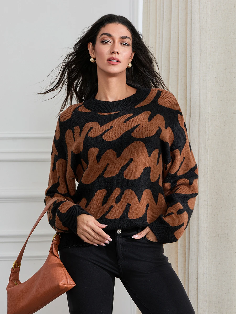 wsevypo Wave Stripe Print Knit Warm Sweaters Women's Crew Neck Long Sleeve Pullover Tops Basic Knitwear for Fall Winter